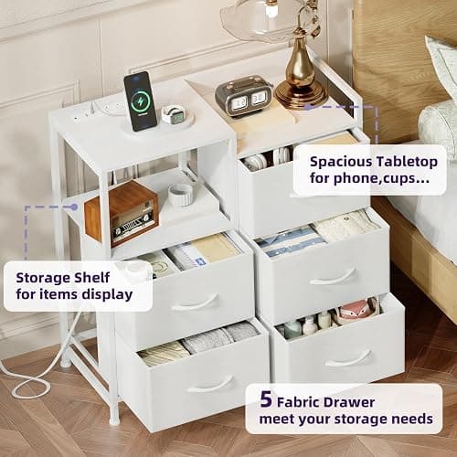 Somdot White Nightstand with Charging Station and LED Light, Wide 5 Drawers Dresser for Bedroom with Fabric Bins and Open Shelf for Bedroom Kids Closet Dorm Guest Room, White Leather thumbnail 6