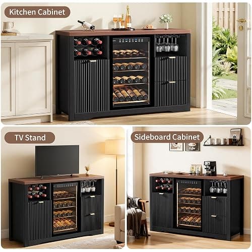 Coffee Bar Cabinet with Mini Fridge Space, 53"Wine Cabinets with Storage | Wood Fluted Liquor Sideboard Cabinet with Storage Drawer, Wine Rack,Glass Holder for Home,20"D x 53"W x 39.4"H-Black thumbnail 6