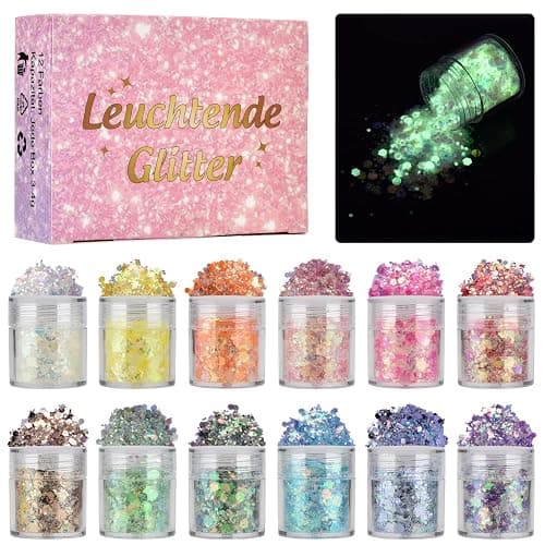 12 Farben Festival Glitzer Gesicht, Fluoreszierender Body Glitter für Gesicht, Nägel, Augen, Haare - Chunky Sequin Glitzerpulver Set für Karneval, Fasching, Halloween, Partys und DIY Handwerk - Image 1
