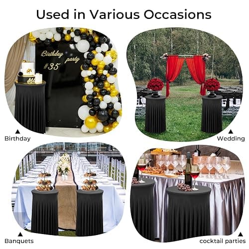 Babenest 24"x 43" Round Cocktail Table Skirt, 6 Pack Spandex Stretch Round Tablecloths with Natural Wavy Drapes, Fitted High Top Bar Cocktail Table Covers for Wedding Party Birthday Banquet (Black) - Black - 6 thumbnail 5