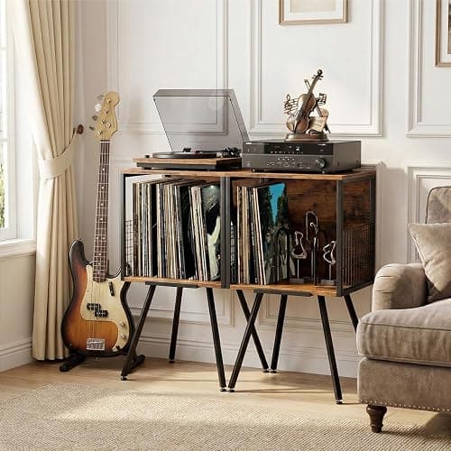 Faesun Record Player Stand with Storage Holds 100+ Vinyl Records, Industrial Turntable Stand with Storage Shelf, LP Album Organizer Cabinet for Small Spaces,Rustic End Table thumbnail 2