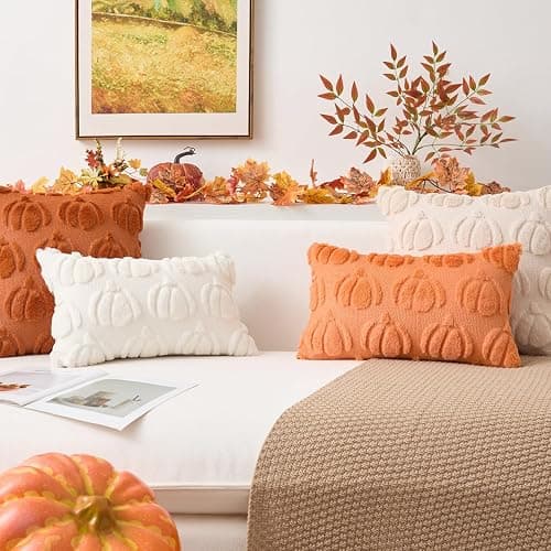 Kevin Textile Pumpkin Fall Throw Pillow Covers 18x18 Inch Set of 2 Luxury Soft Halloween Decorative Lumbar Pillowcases for Harvest Holiday Soft Couch, Beige thumbnail 6