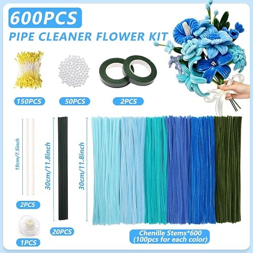 600 PCS Blue Pipe Cleaners Craft Bulk, 6 Pastel Colors Pipe Cleaner Flower Kit, Chenille Stems with Instructions, Floral Wires, Gardening Tape, Stamen, DIY Art and Craft Supplies(Blue Gradient) thumbnail 2