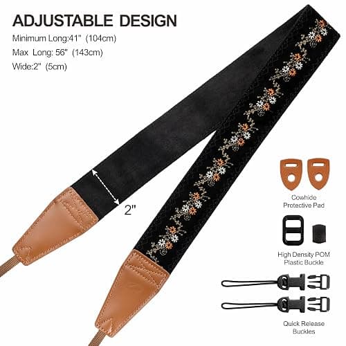 Padwa Lifestyle Camera Strap - 2" Full Grain Leather Ends Camera Straps for Photographers, Vintage Embroidered Cotton Weave Soft Suede Fabric Padded Strap Quick Release fits All Cameras thumbnail 6