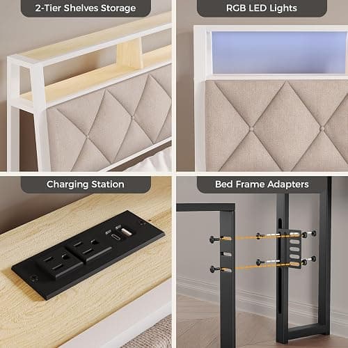 Salamir Full Headboard Only, Headboard for Full Size Bed with Storage, Upholstered Headboards with LED Lights & Charging Station, Attach Frame, Ideal for Bedroom/Dorm/Guest Room, White & Beige thumbnail 6