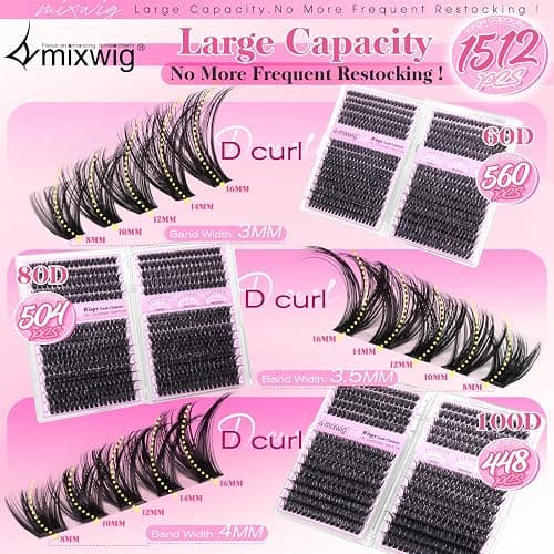 Lash Clusters Kit 1512PCS Volume Lash Extension Kit 60D+80D+100D Eyelash Clusters with 2 Lash Bond and Seal+1 Remover+1 Tweezers Wispy Individual Lashes 8-16MM D Curly Cluster Lashes Bulk Packs thumbnail 3