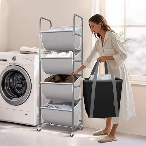 STORAGE MANIAC Vertical Rolling Laundry Hamper, 4 Section Laundry Sorter with Wheels and 2 Breaks, 4-tier Laundry Baskets for Small Space, Dorm, Laundry Room, Closet, Bathroom, Gray 4-tier thumbnail 2