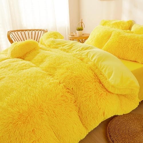 FOPPA Fluffy Yellow comforters Cover Twin Size - Ultra Soft Plush Bedding Sets 2 Pieces (1 Faux Fur Comforter Cover + 1 Fuzzy Pillow case) Girls Shaggy Bed Set (Yellow,Twin) thumbnail 4