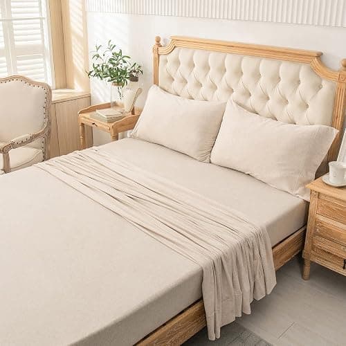PURE ERA Jersey Knit 4pc Bed Sheet Set 100% T-Shirt Heather Cotton Super Soft Comfy Breathable Fits Mattress Up to 20" Extra Deep Pocket (Heather Beige, King) thumbnail 6