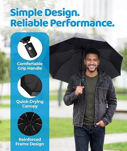 Rain-Mate Windproof Compact Umbrellas for Rain - Strong Reinforced Fiberglass Rib Design & Auto Open & Close - Portable Folding Travel Umbrella - Lightweight & Packable for Women & Men, Easy Collapse thumbnail 3