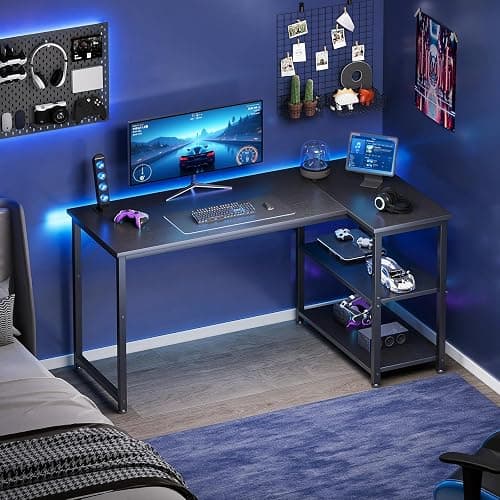 Coleshome L Shaped Gaming Desk, 120x70 cm Computer Desk, Corner Office Desk with Reversible Storage Shelves, Writing Study Table for Work Play Home Office, Black thumbnail 2
