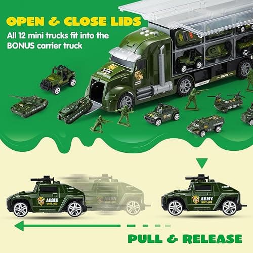JOYIN 25 in 1 Military Kids Truck Toys for Age 3+, Toddler Boy Toys, Army Men Tanks Set with Soldier Men, Mini Battle Cars in Carrier Truck with Lights and Sounds, Christmas Great Gifts for Grandkids thumbnail 8