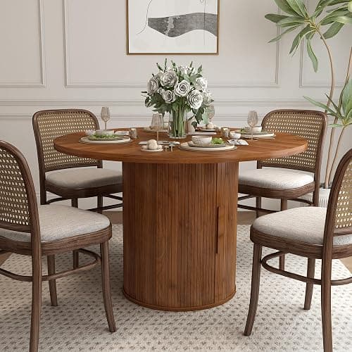 weselon 47 inch Round Dining Table for 4, Kitchen Table Dinner Table with 2-Layer Storage Shelf and Wood Slide Door for Home Dining Room Living Room (Walnut) - Walnut+hidden Storage thumbnail 7