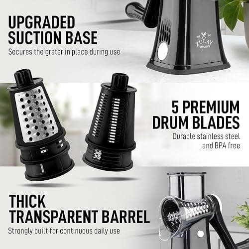 Zulay Kitchen Rotary Cheese Grater 5 Blade Cheese Shredder - Manual Hand Crank Cheese Grater With Reinforced Suction & 5 Interchangeable Drums - Easy to Use, Vegetable Chopper Round Mandoline Slicer thumbnail 7