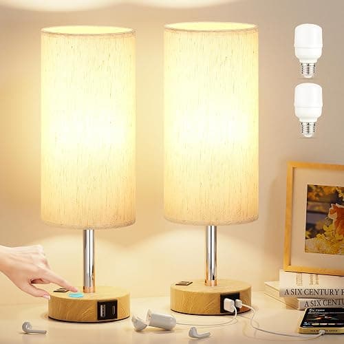 Table Lamp for Bedroom Set of 2 - Touch 3 Way Dimmable Bedside Lamps with USB C and A Ports, Night Lamp for Nightstand with AC Outlet, Desk Lamps for Living Room, Reading Room, Kids Room, Office - Image 1