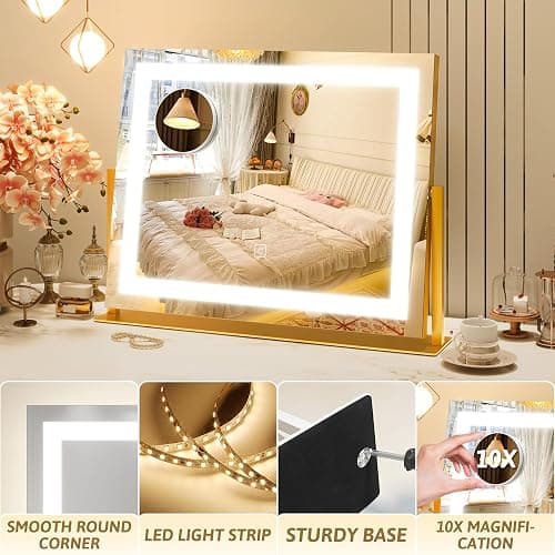 ROLOVE Vanity Mirror with Lights 22"x18", Lighted Makeup Mirror with 10X Magnification, Smart Touch 3 Colors Dimmable, 360° Rotation, Women Gift, Dresser Mount, Bathroom (Gold) thumbnail 5