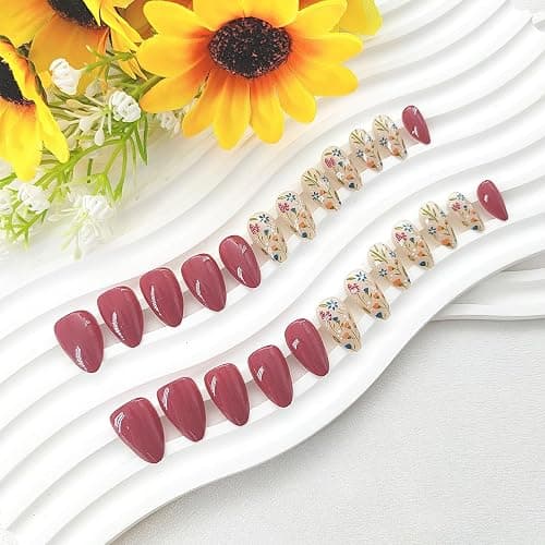 Almond Press on Nails Short Fake Nails Flower Glue on Nails Red Bean Paste Full Cover False Nails Press ons Glossy Acrylic Nails Artificial Stick on Nails for Women 24Pcs thumbnail 3