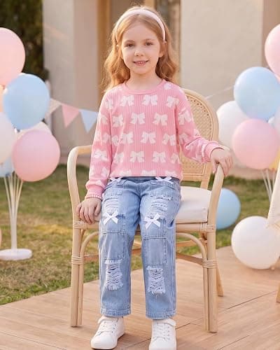 Yhnslsf Toddler Girl Clothes Fall Little Girls 2 Piece Outfit Sets 3-8Years | Winter Sweatshirt Print Wide Leg Jean Pants Kids Girls Clothing Sets,Back to School Girl Outfits,Cute Birthday Gifts Clothes thumbnail 4