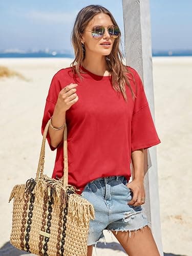 Tankaneo Womens Oversized Tshirts Summer Casual Short Sleeve Crew Neck T Shirt Loose Fit Side Slit Tee Tops thumbnail 5