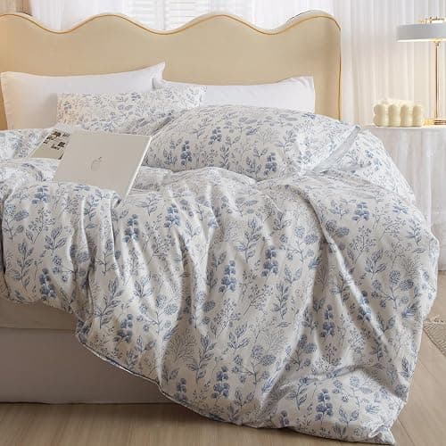 HighBuy White Blue Floral Cottagecore Boho Comforter Set, Full Size, 3 Piece, 1 Comforter & 2 Pillowcases, All Season thumbnail 7
