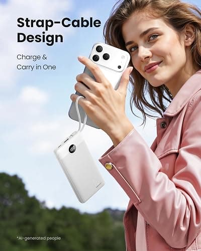 Coowisty Portable Power Bank, 10000mAh Slim Portable Charger with Built-in Cables, External Battery Pack 5 Outputs 2 Inputs LED Display Compatible with iPhone/Android & More (White) thumbnail 4