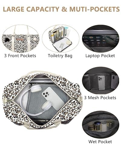 Women Duffle Weekender Travel Bag: Large Duffel Bags with Shoe Compartment Carry On Overnight Tote Bag with Wet Pocket Toiletry Bag Traveling Weekend Gym Yoga Hospital Bags for Womens Leopard thumbnail 2