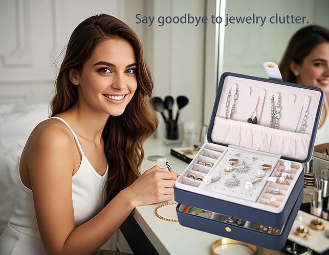 Jewelry Box,3 Layer Leather Jewellry Storage Boxes Small Travel Portable Jewelry Organiser Box for Women and Men Removable Flocking Compartment Gift for Girl Necklace Ring Earrings Bracelet (Blue) thumbnail 6