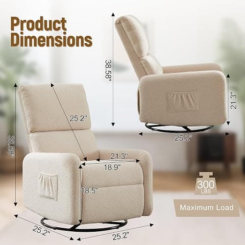 Korser 360° Swivel Glider Chair, Rocking Chair Nursery with Side Pockets, Deep Cushioned Seat, Nursery Chair with Steel Structure Base, Sherpa Swivel Chairs for Living Room, Bedroom, Khaki thumbnail 2