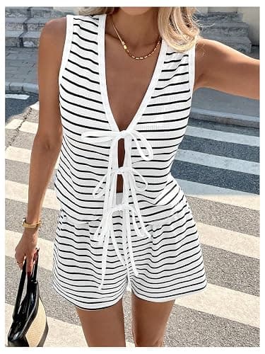 SOLY HUX Women's Summer 2 Piece Outfits Striped Bow Tie Front V Neck Tank Tops and Shorts Set thumbnail 3