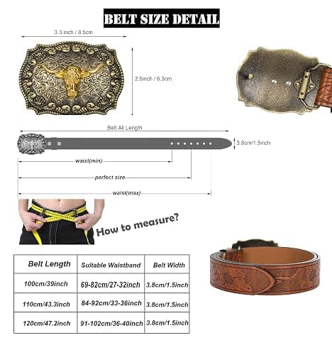 HinyBoeh Western-PU-Leather-Belts for Men and Women Cowboy-Cowgirl Longhorn-Bull-Pattern-Engraved-Buckle-Belt for Unisex thumbnail 2