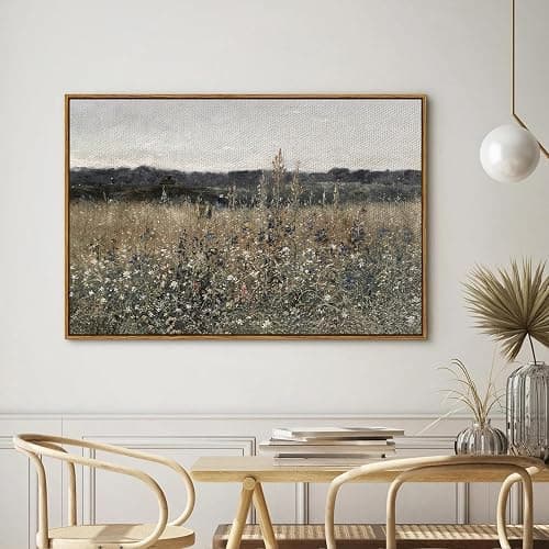 InSimSea Framed Canvas Wall Art Vintage Decor, Landscape Wall Art, Meadow with Flowers Art, Modern Farmhouse Decor, Cottagecore Bedroom Bathroom Office Decorations, 24"x36" thumbnail 3