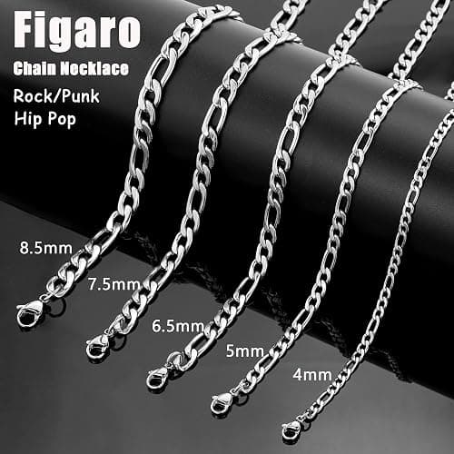SANNYRA Figaro Chain for Men, Mens Chains Necklaces, Stainless Steel 2-8.5mm 12-36inches 18K Gold Plated Silver Plated Necklace for Women thumbnail 3