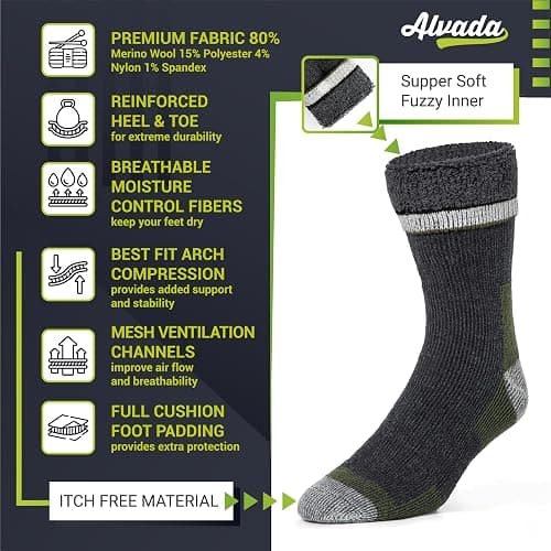 Alvada Merino Wool Hiking Socks Thermal Warm Crew Winter Boot Sock For Men & Women 3 Pairs thumbnail 3