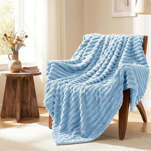 HIMEET Light Blue Ribbed Throw Blanket for Couch - 300GSM Lightweight Soft Fleece Blanket for Women Men, Cozy Blankets for Mothers Gifts, Striped Spring Home Room Decor, Light Blue, 50x60 Inches thumbnail 2