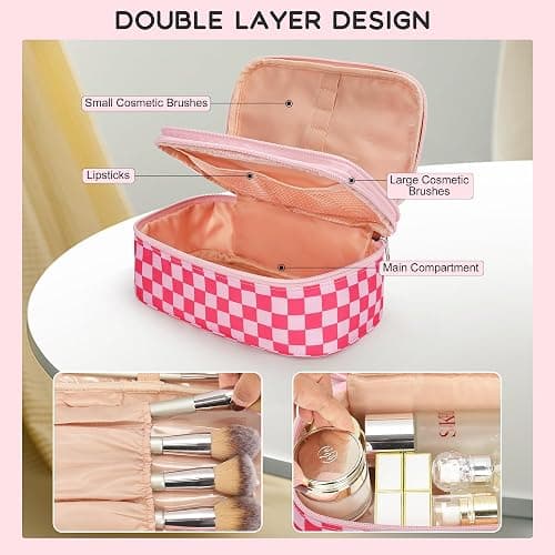 Relavel Makeup Bag, Cute Travel Cosmetic Bag, Small Pink Make Up Bags, Portable Toiletry Storage for Women Girl, Waterproof Makeup Organizer for Gym, Camping, Trip, Daily Use - Rose Red thumbnail 4