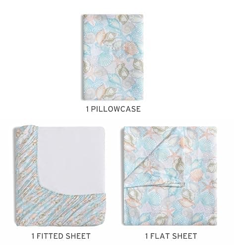 Coastal Print 3 Piece Twin Microfiber Sheet Set, Coco Pastel | Coastal/tropical theme polyester microfiber set with 12" deep pocket fitted elastic sheet thumbnail 4