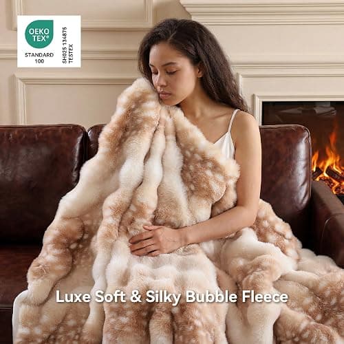Smoofy Faux Rabbit Fur Throw for Couch - Deer Brown Bubble Blanket 50"x60" | Fluffy Plush Fuzzy Fawn Throw for Sofa & Bed, Super Soft Cozy Comfort Blanket, Aesthetic Deer Print Decor Gift for Women thumbnail 3