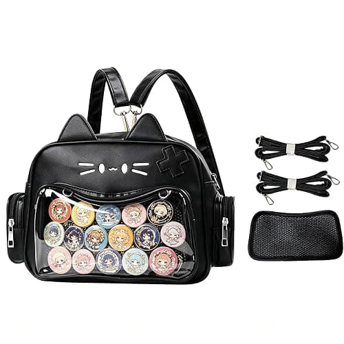 Lifelix Cat Ita Bag Backpack with Clear Window, Kawaii Pin Display Crossbody Bag, Y2K Anime Purse for Pins (Black) | Clear window displays 10-20 enamel pins with insert board. 3-way carry: backpack, shoulder, crossbody. Water-resistant PU - Image 1
