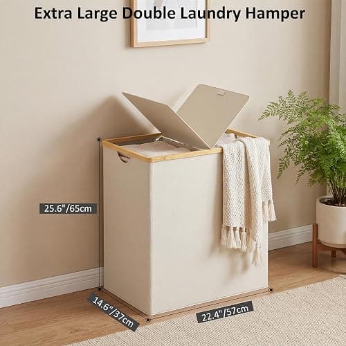 efluky Laundry Hamper with Lid, Double Laundry Basket with 2 Removable Bags, 2 Section Laundry Bin with Bamboo Handles for Bathroom, Bedroom & Laundry Room, 140L (36.9 Gallon) Beige thumbnail 3