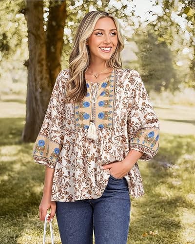 Vivilli Womens Summer Boho Babydoll Tops 3/4 Sleeve Pleated Peplum Blouses Casual V Neck Tie Front Fall Tunic Tops thumbnail 4
