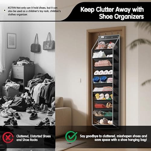 Kotkn 10 Tier Over The Door Organizer - Heavy Duty Hanging Storage Rack with Sturdy Oxford Fabric, Holds 20+ Pairs of Footwear, Boots & Sneakers, Saves 50% Closet Space (Black) thumbnail 6