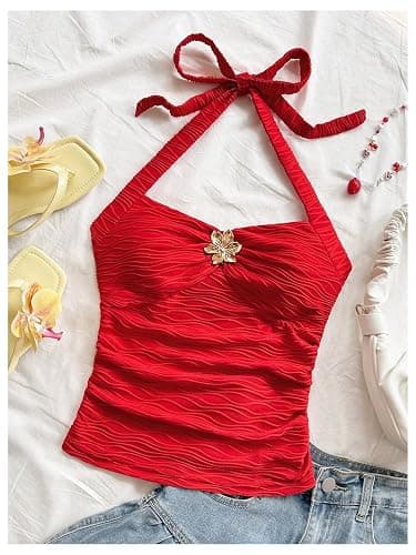 SOLY HUX Women's V Neck Halter Tops Open Back Y2k Ruched Floral Metal Summer Going Out Cami Tops thumbnail 2