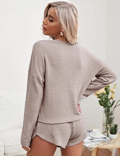 Ekouaer Womens Waffle Knit Pajama Sets Long Sleeve Top and Shorts Matching Lounge Set Loungewear Sweatsuit with Pockets thumbnail 3