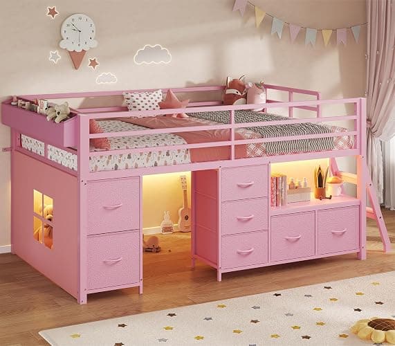 ADORNEVE Low Loft Bed Twin Size with 7 Storage Drawers, Bookcase and LED Lights, Metal Kids Loft Bed with 14" H Safety Guardrail,Inclined Ladder and Play Curtain, Under-Bed Play Space,Pink - Image 1