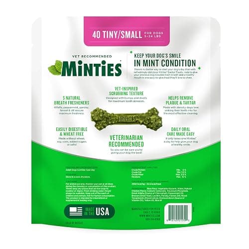 Minties Dog Dental Bone Treats, Tiny/Small Dental Dog Treats, 16 Ounces, Cleans Teeth, Fight Bad Breath, Removes Plaque and Tartar, 40 Count thumbnail 7