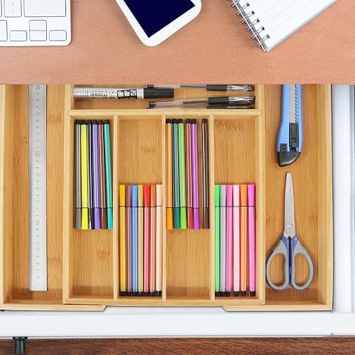 VaeFae Bamboo Drawer Organizer, Expandable Silverware Drawer Organizer, Cutlery Tray with Dividers for Kitchen Utensils, Medium thumbnail 2