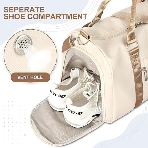 FIORETTO Womens Gym Tote Duffle Bag with Wet Pocket & Shoe Compartment, Sports Duffel Overnight Weekender Hospital Workout Carry on Bag for Girls, Ideal for Travel, Swimming, Dance, Ballet Beige - Beige & Brown - Gym Bag thumbnail 5