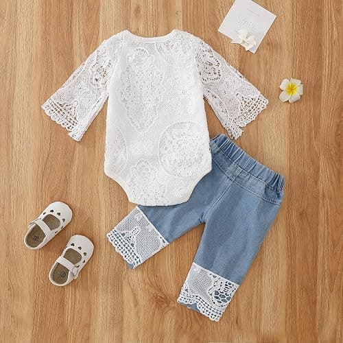 Yvowming Baby Girl Clothes Outfits Toddler Infant Baby Romper Top+Jeans Clothing Set thumbnail 3