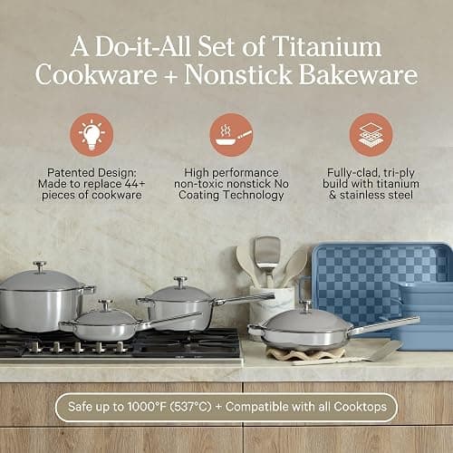 Our Place 15-Piece Titanium Pro Cookware & Bakeware Set | Tri-Ply Titanium & Stainless Steel Nonstick Fry Pans & Pots | Ceramic Nonstick Bakers & Griddle Pan | Non-toxic, PFAS-Free | Blue Salt thumbnail 2