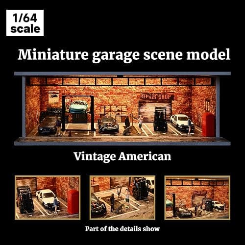 Display Case for Hot Wheels,Diorama 1/64 Scale Car Garage Model with LED Lights and Acrylic Cover, Stackable Car Parking Lot Model,Diecast Car Display Case (Vintage Garage) thumbnail 5